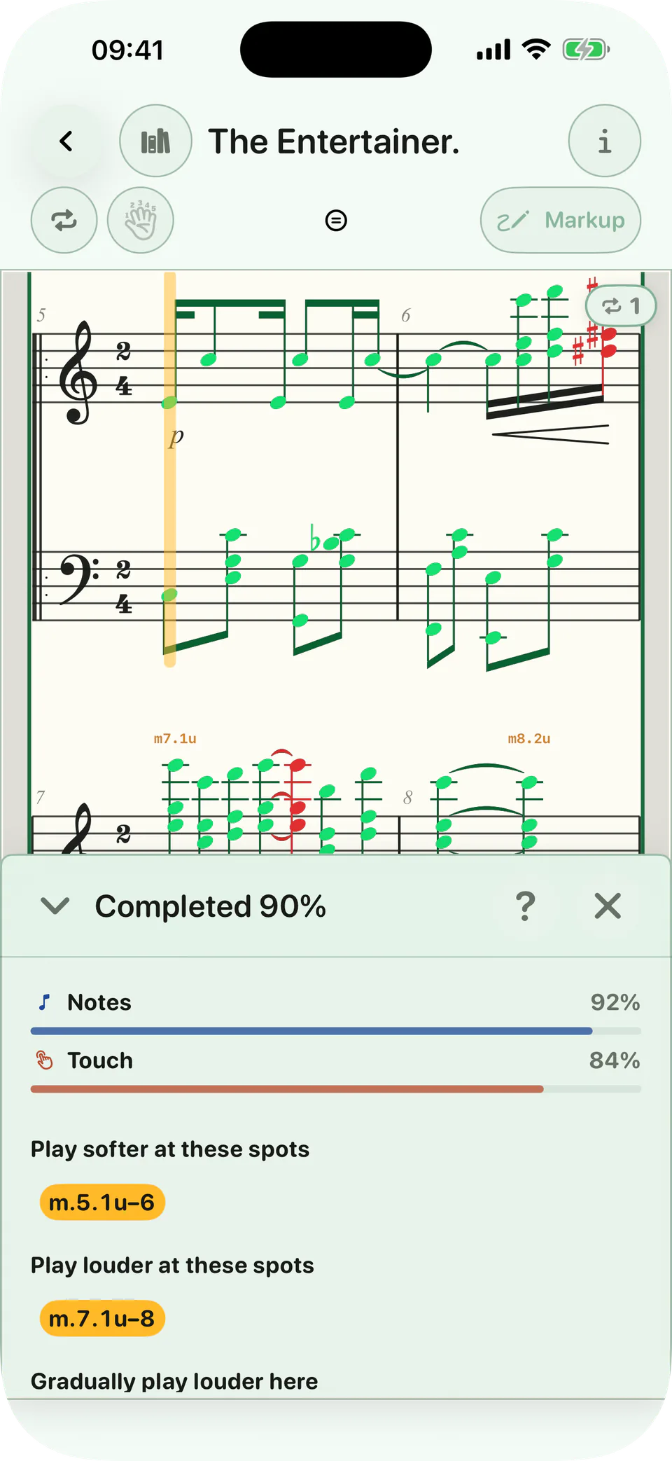 BetterMuse reviewing a completed passage with note and touch feedback