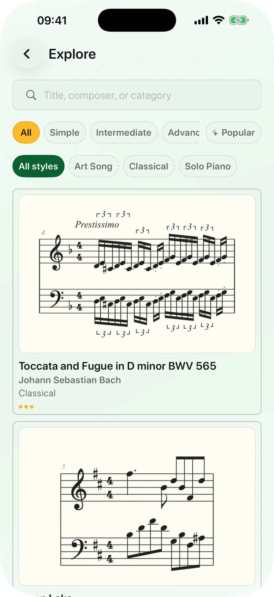 BetterMuse Explore showing piano scores with notation previews and difficulty indicators