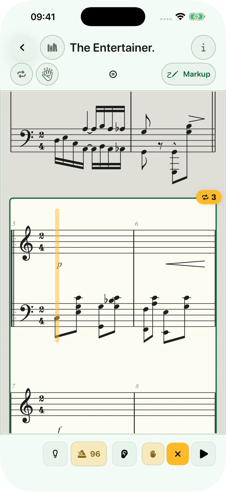 A selected passage in BetterMuse with repeat, tempo and separate-hand practice controls