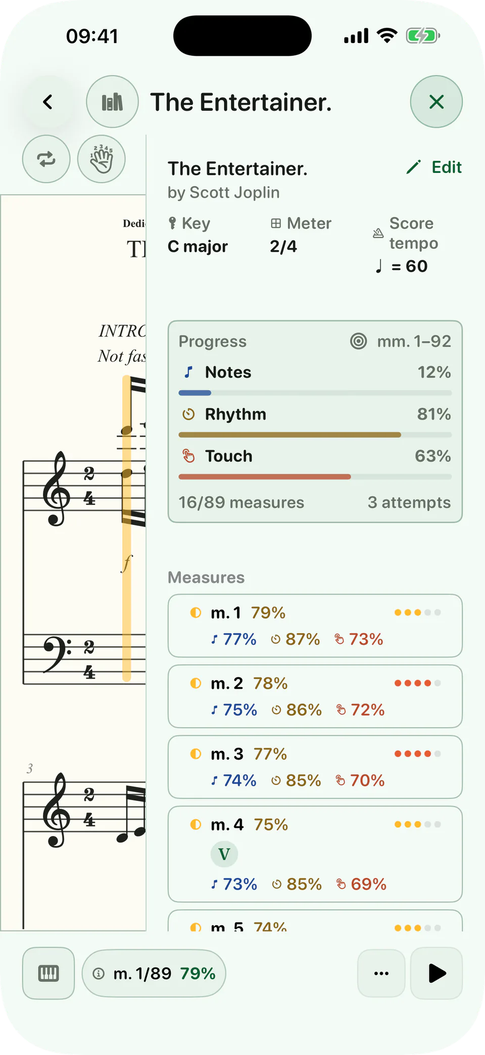The BetterMuse score overview showing completed measures, note, rhythm, and touch progress