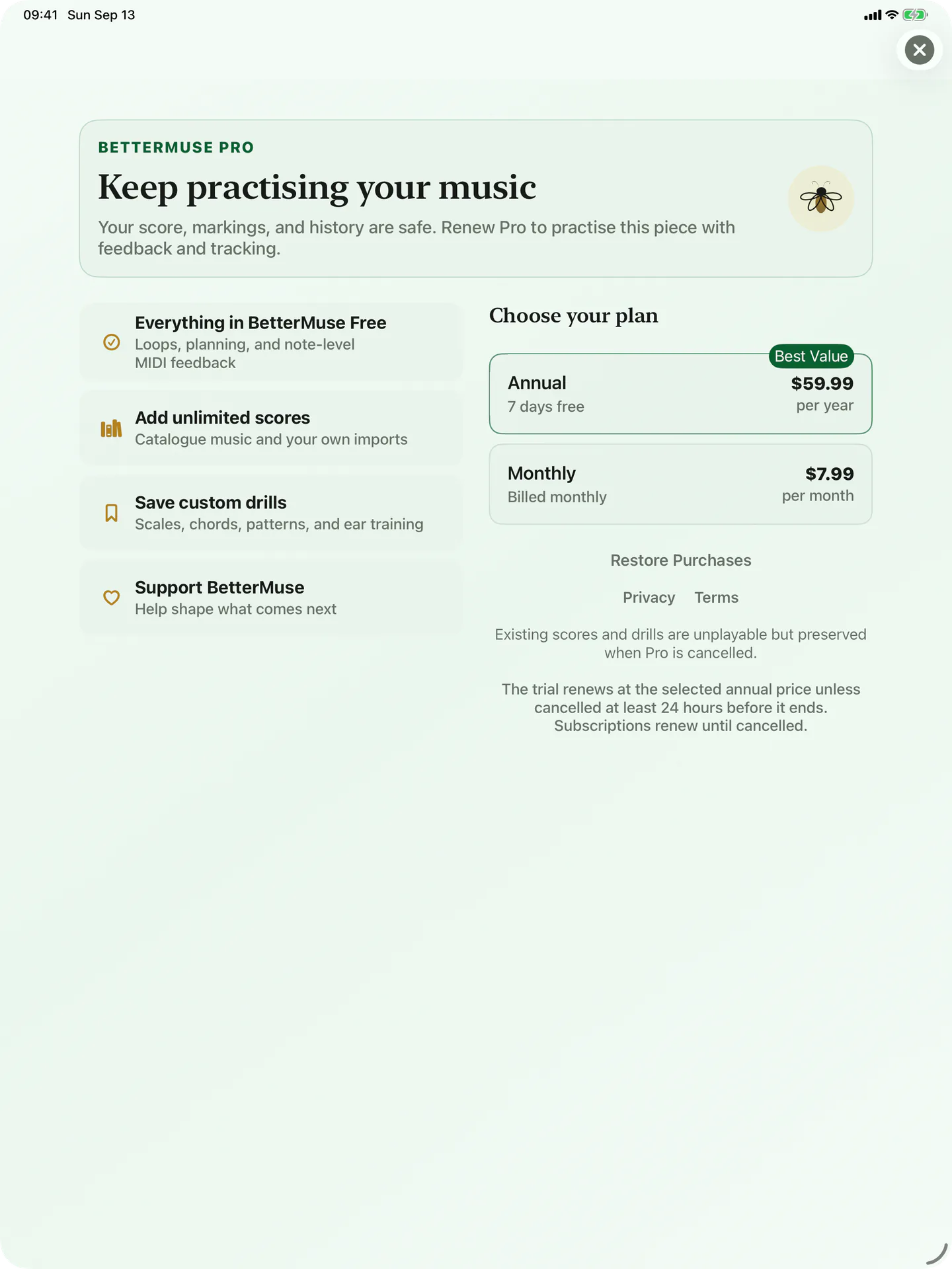 BetterMuse Pro benefits and monthly and annual subscription options on iPad