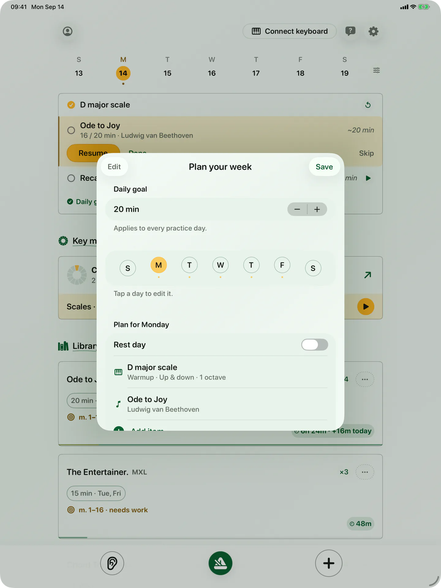 BetterMuse weekly planning on iPad, with practice days and scheduled music