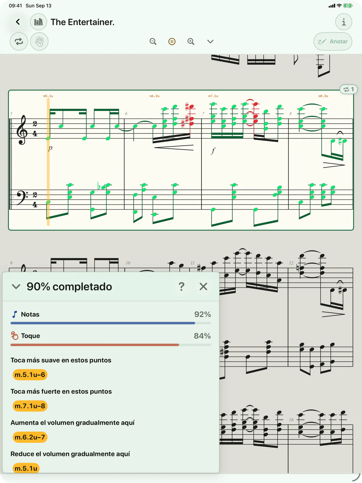 Resultados de BetterMuse en iPad, con notas y matices junto a la partitura