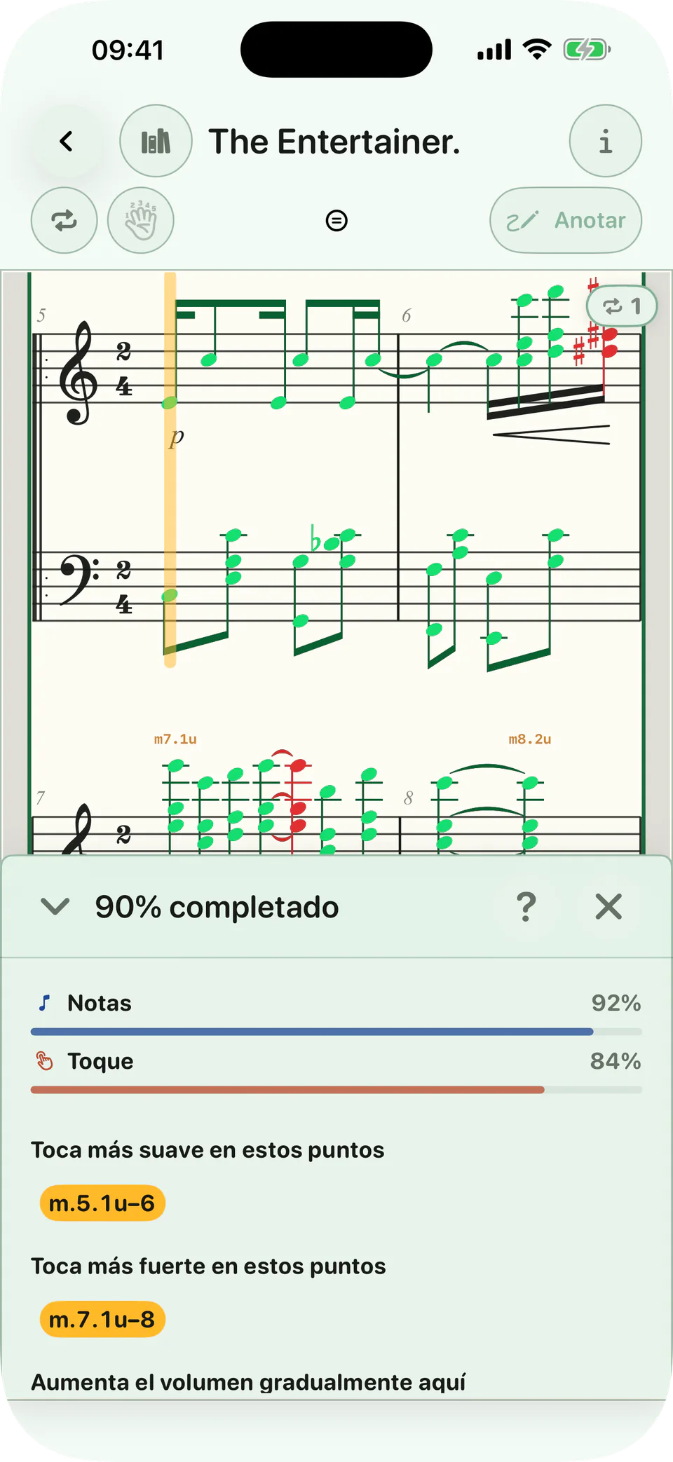 Informe real de BetterMuse con comentarios sobre notas y toque vinculados a compases concretos