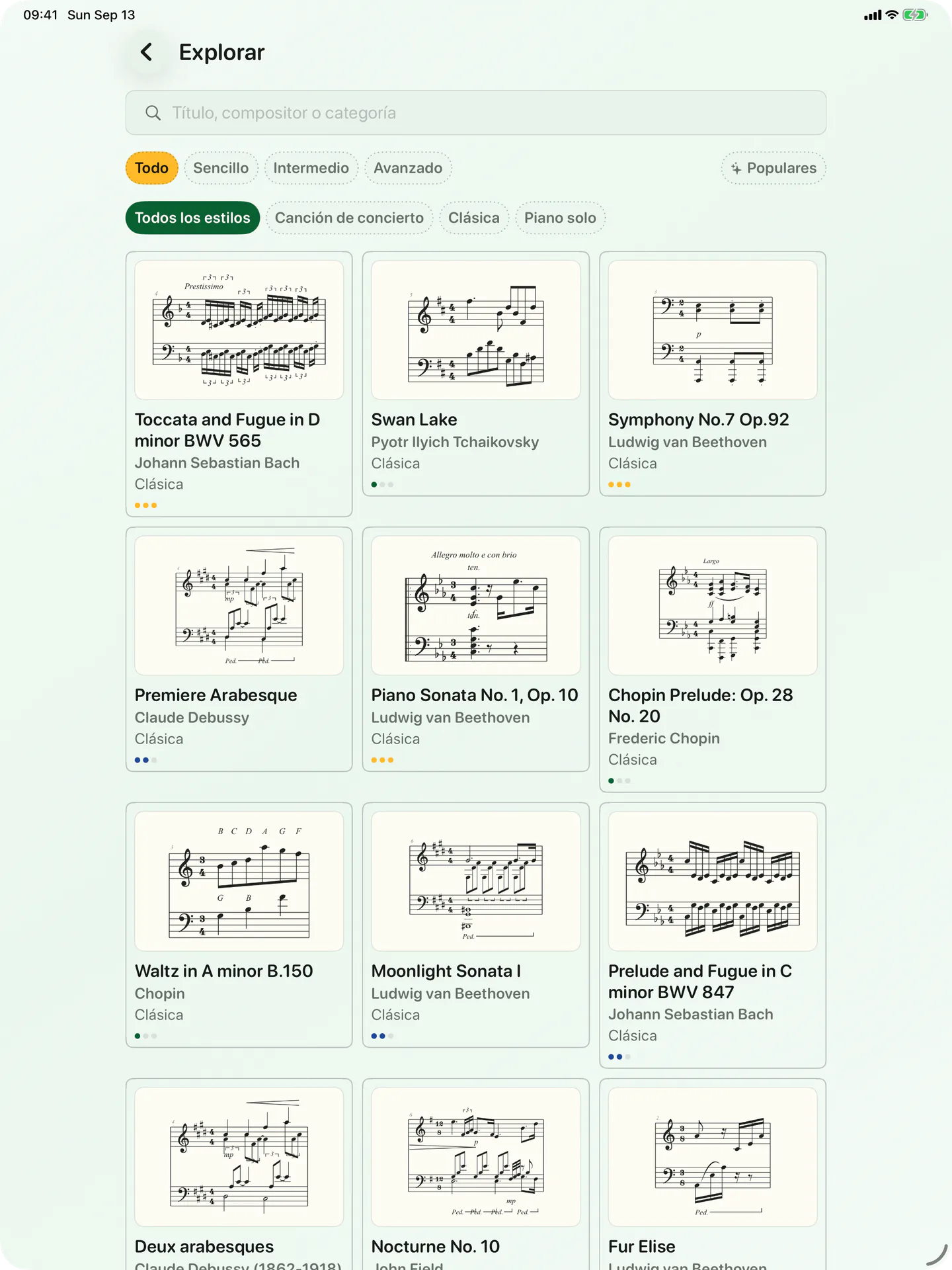 Catálogo de partituras de BetterMuse en iPad