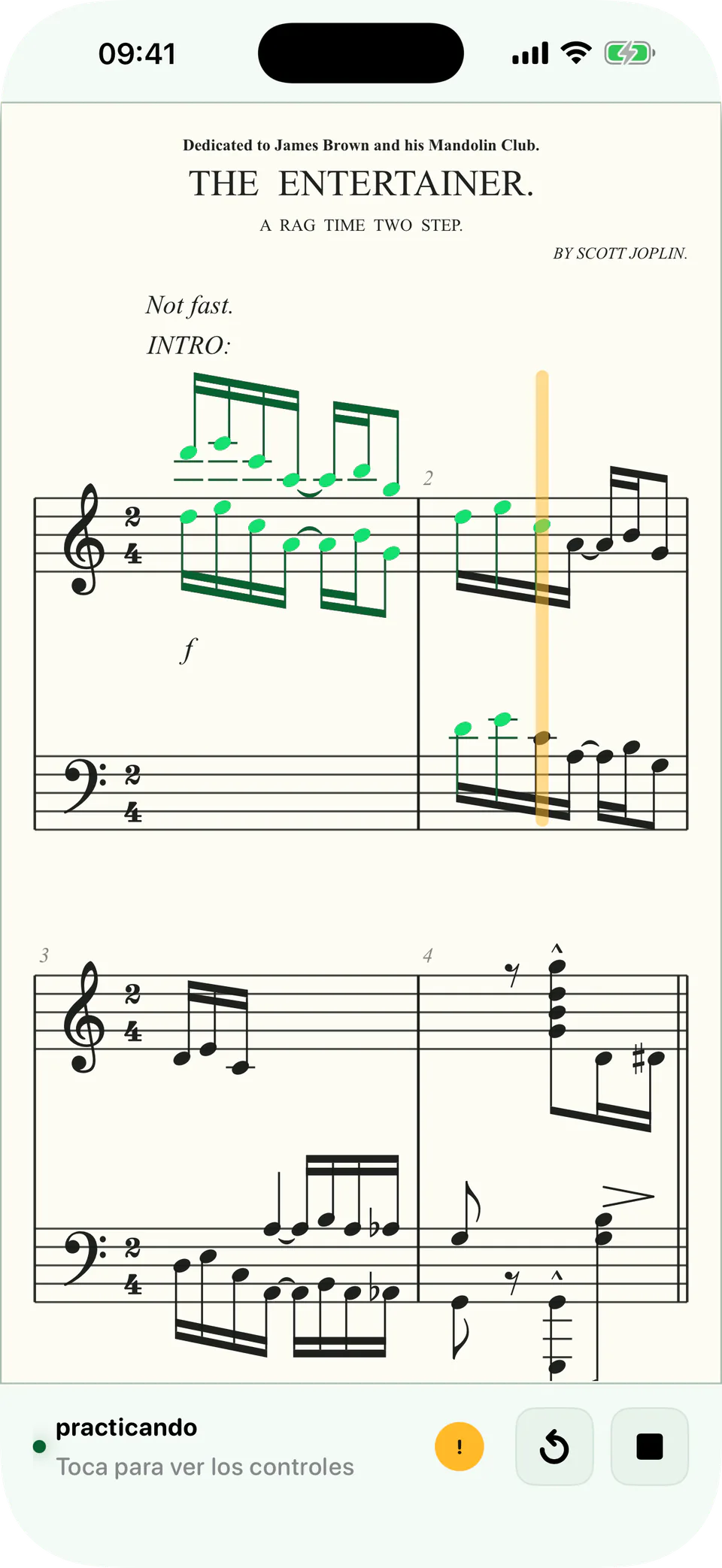 Notas acertadas que aparecen en una partitura de BetterMuse durante la práctica