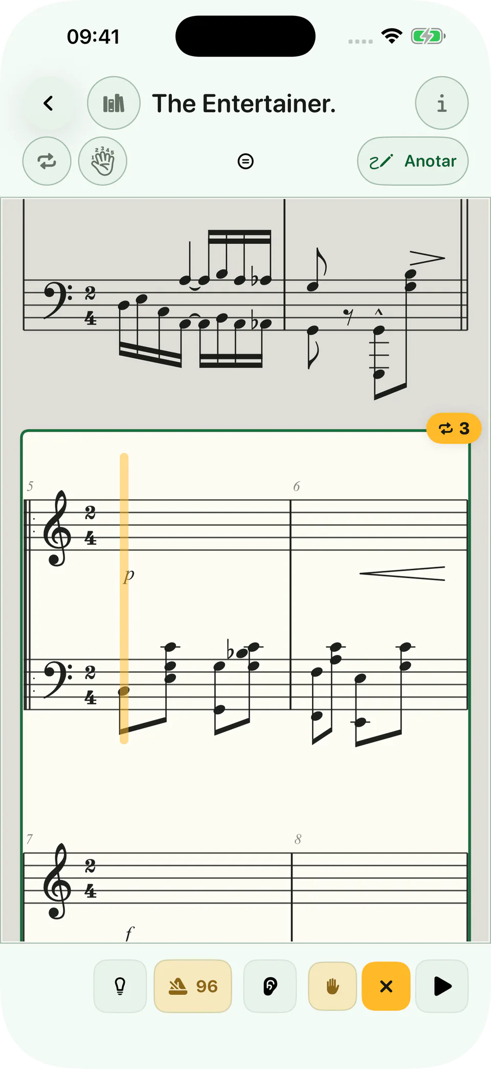 Un pasaje seleccionado en BetterMuse con controles de repetición, tempo y práctica por manos separadas
