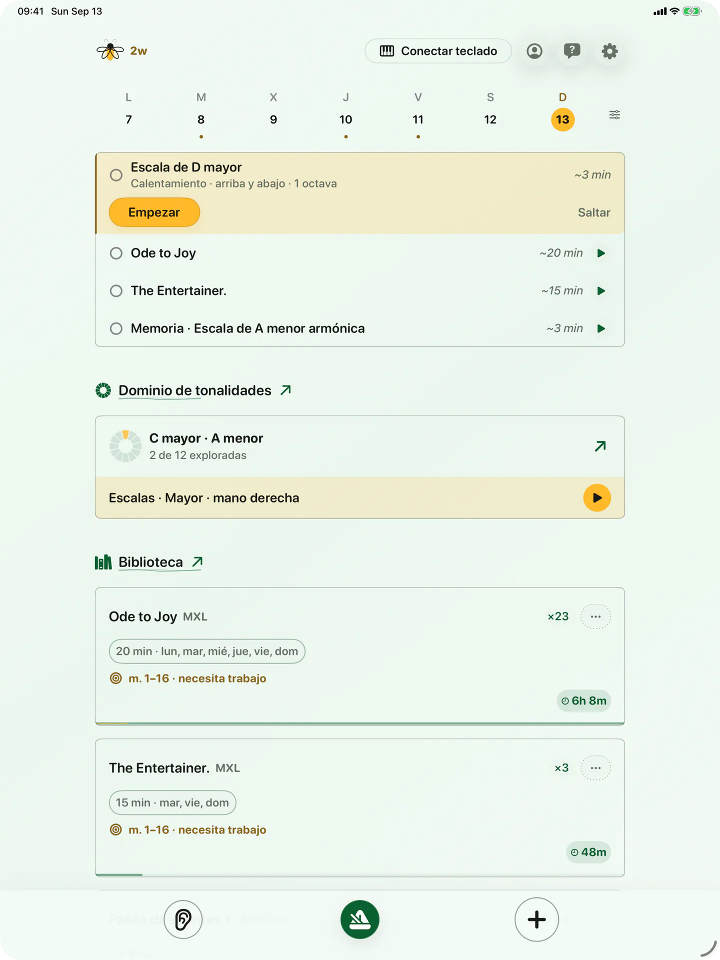 Plan diario de BetterMuse con calentamiento, repertorio y repaso