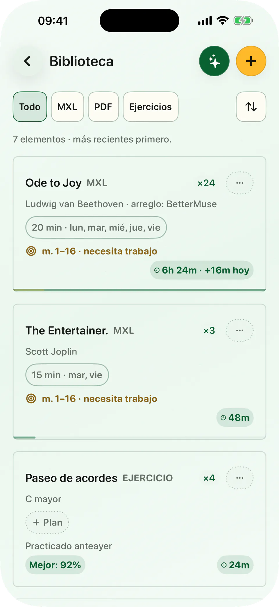 Partituras de piano importadas y del catálogo juntas en la biblioteca de BetterMuse
