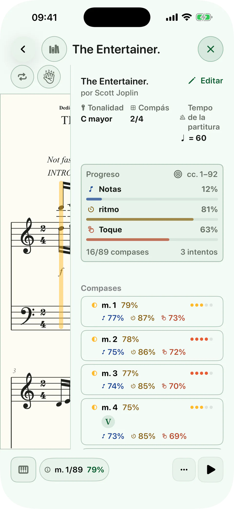 Resumen de partitura de BetterMuse con compases completados y progreso de notas, ritmo y toque