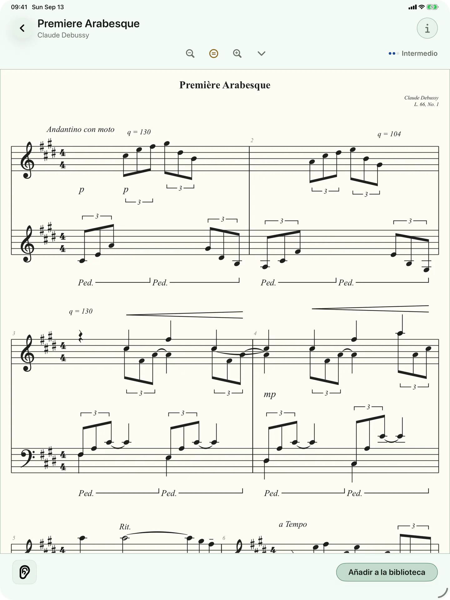 Vista previa de una partitura de piano en BetterMuse en iPad