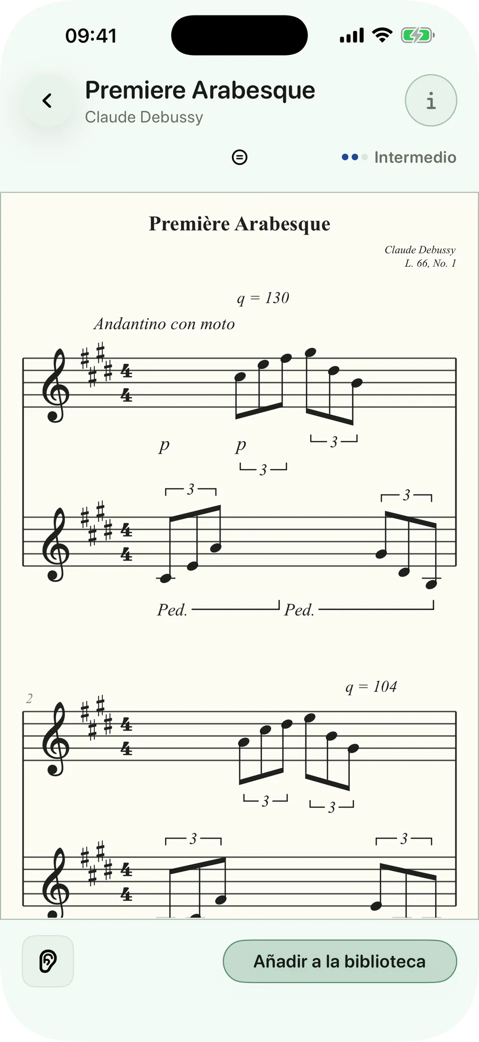 Una partitura real en BetterMuse con controles de Escuchar y Añadir a la biblioteca