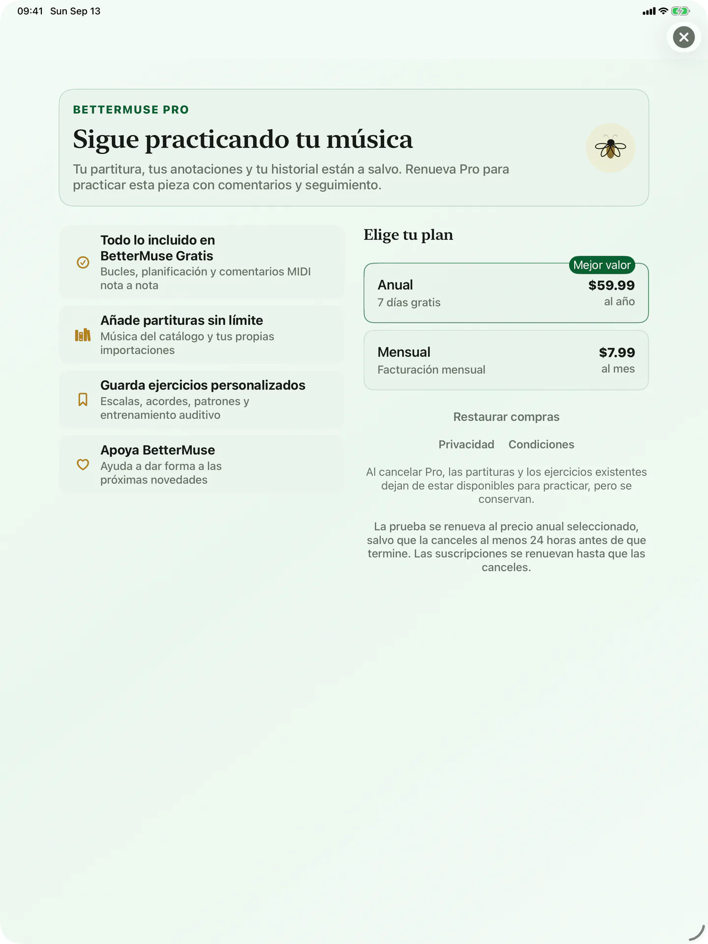Ventajas de BetterMuse Pro y opciones de suscripción mensual y anual en iPad