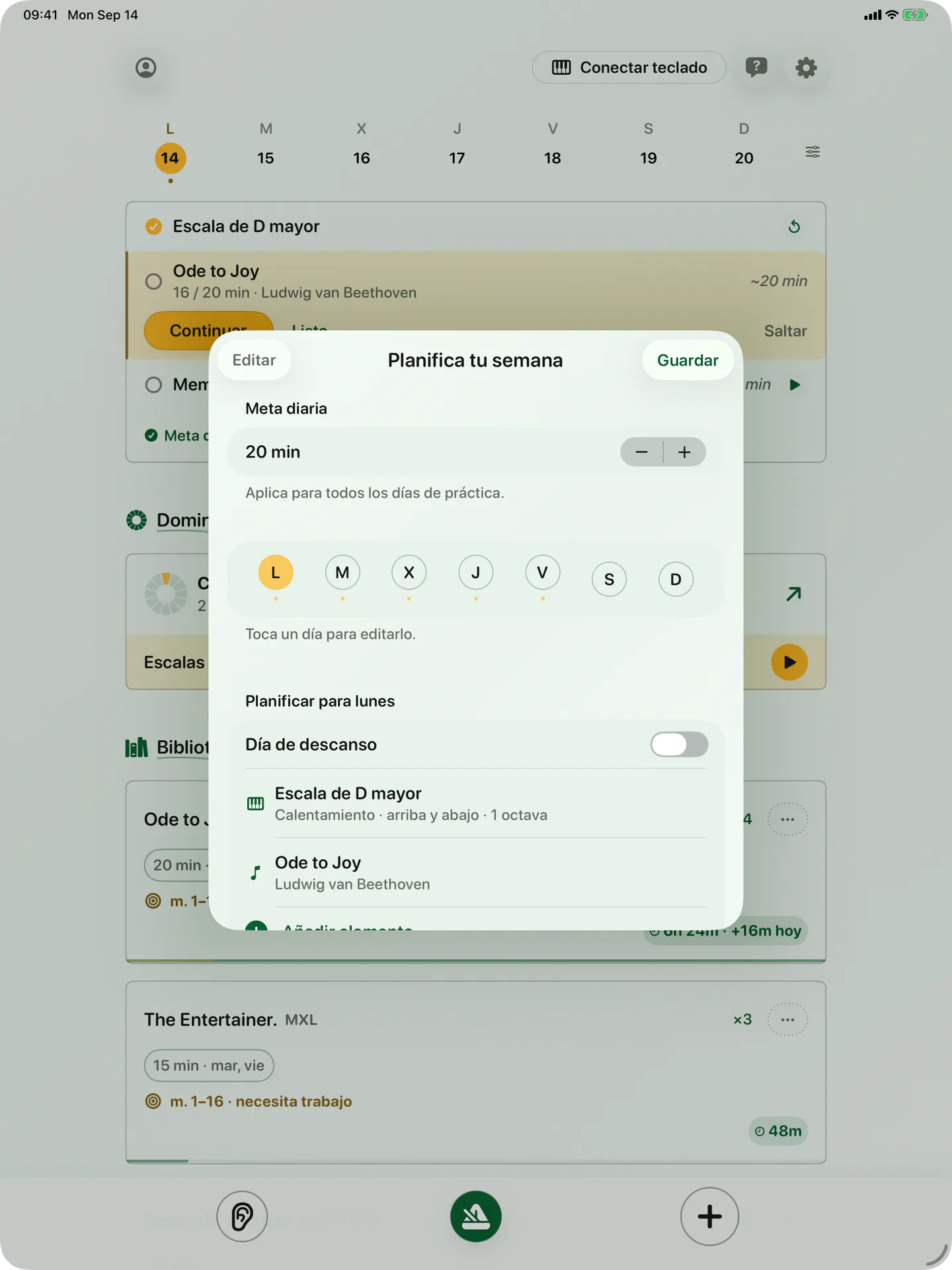 Planificación semanal de BetterMuse en iPad, con días de práctica y música programada
