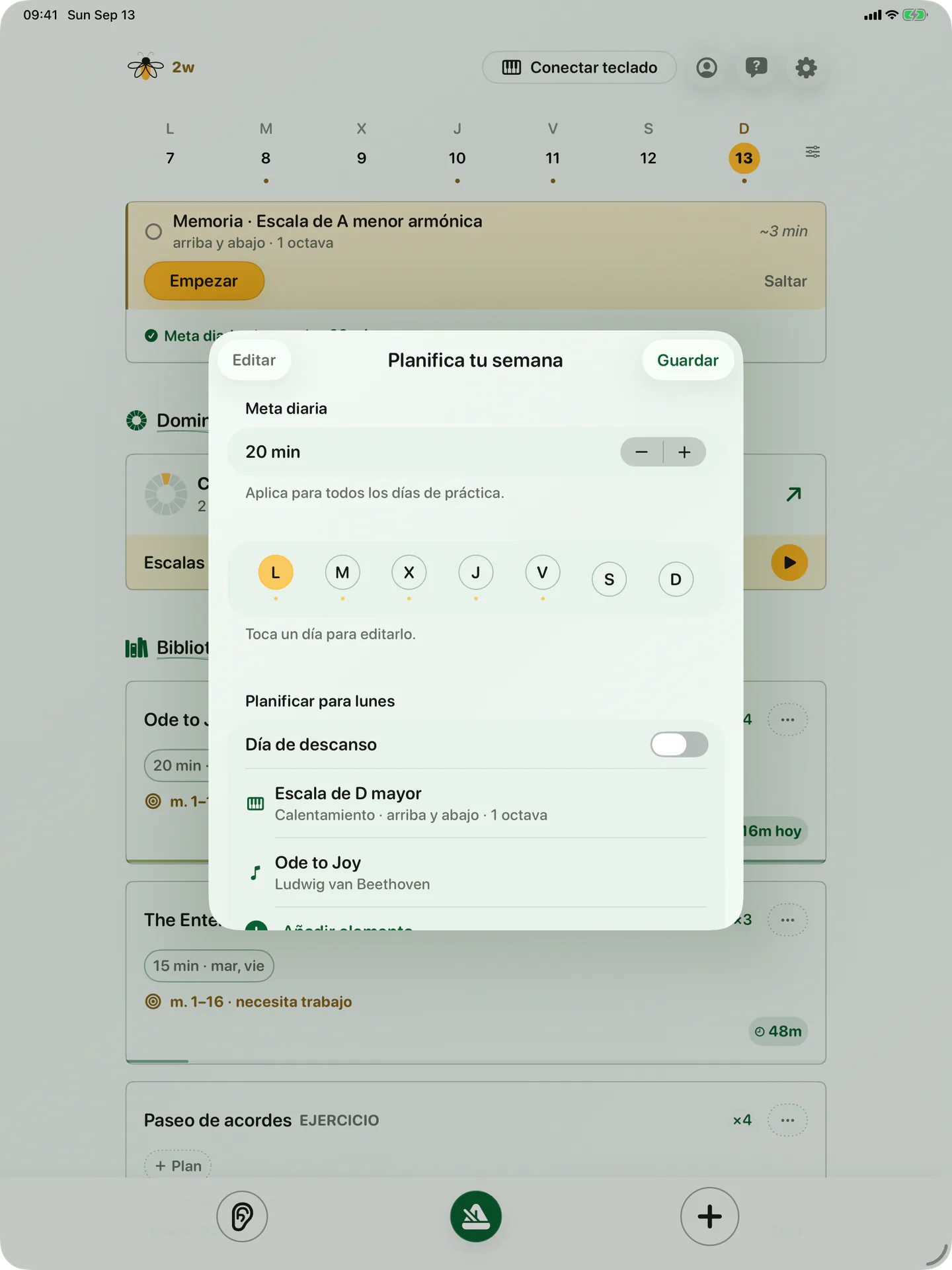 Planificación semanal de BetterMuse en iPad, con días de práctica y música programada