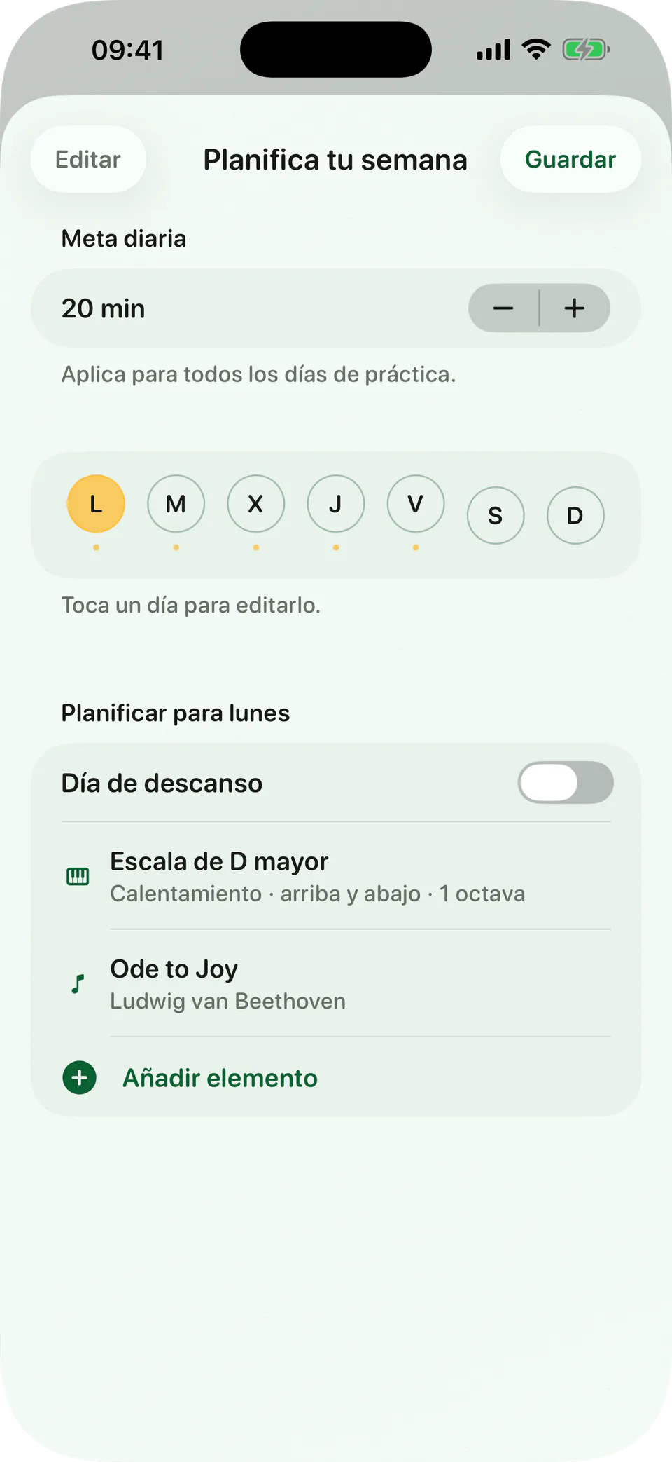Planificador semanal de práctica de BetterMuse
