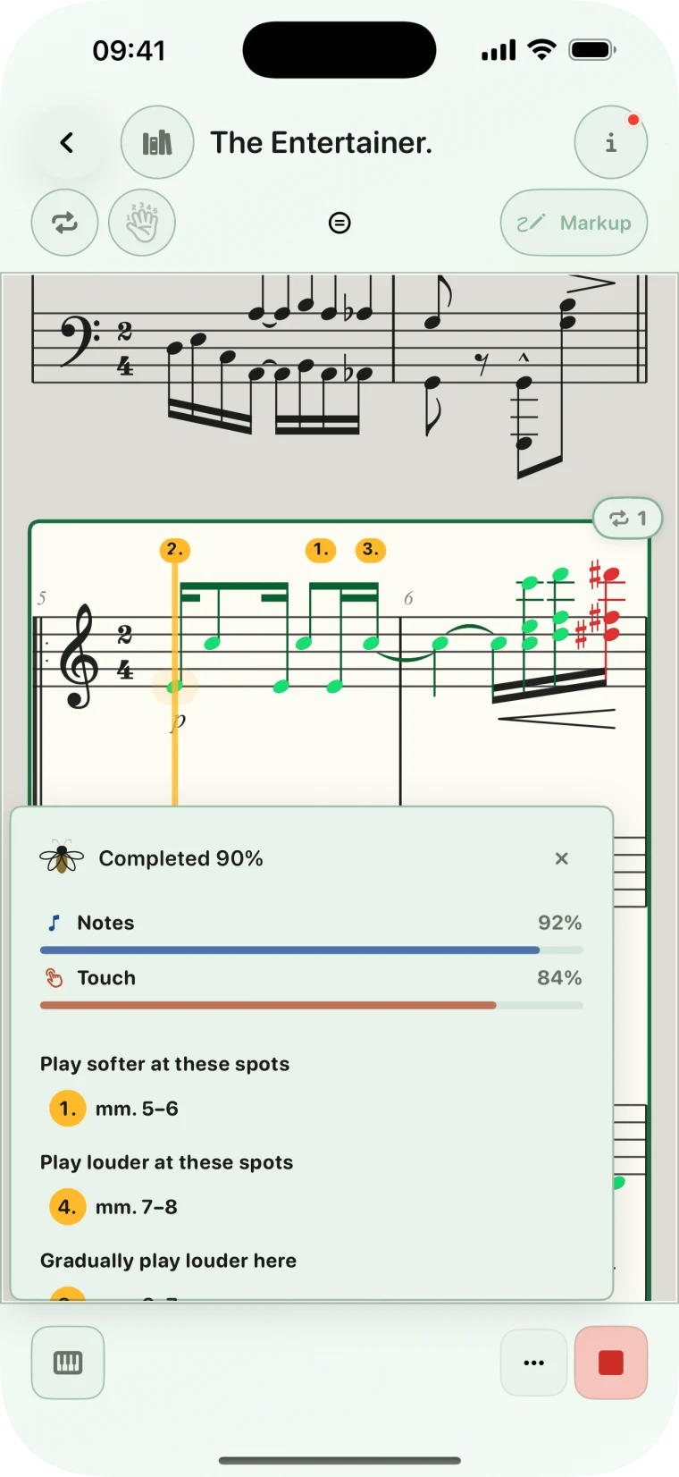 A BetterMuse completion report showing note and touch scores with the measures that need attention